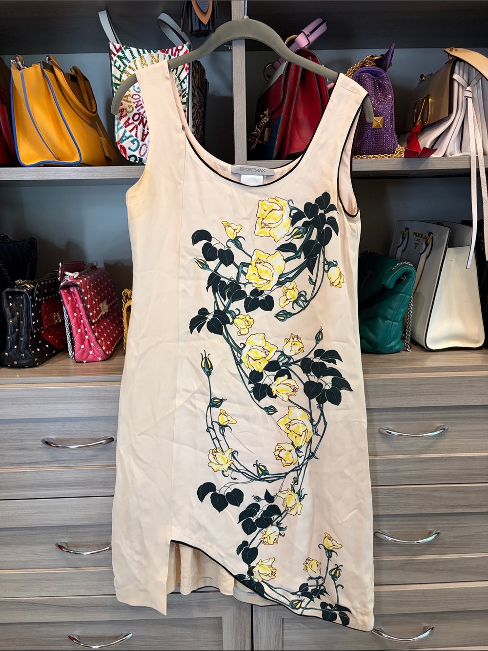 Sportmax Cream Asymmetrical Dress with Yellow Rose Print